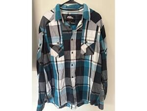 No Fear Mens XXL Plaid Long Sleeve Button Up Shirt Teal Gray Y2K 90s